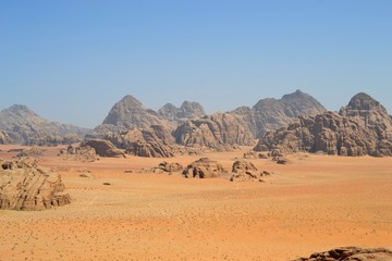 Plakat Desert tour through sand dunes of Wadi Rum wilderness, Jordan, Middle East, hiking, climbing, driving