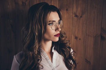 Fototapeta premium Close-up profile side portrait of nice dreamy lovely attractive trendy glamorous calm wavy-haired lady burgundy lips company developer work place station over wooden wall