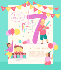 Vector invitation  design template for birthday party with bd cake, garlands, pinata, gifts, balloons, big 7 and happy kids characters. Flat cartoon style. Party poster, card, banner illustration.