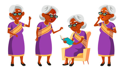 Indian Old Woman In Sari Vector. Elderly People. Hindu. Asian. Senior Person. Aged. Comic Pensioner. Lifestyle. Postcard, Cover, Placard Design. Isolated Cartoon Illustration