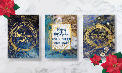 
Happy New Year and Merry Christmas. party invitation. for printing on flyer, leaflet, brochure. texture of liquid marble and yellow gold. trend vector