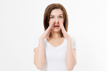 Fototapeta premium Caucasian young woman shouting hot news. gossip girl isolated on white background. Summer t shirt template blank. Copy space