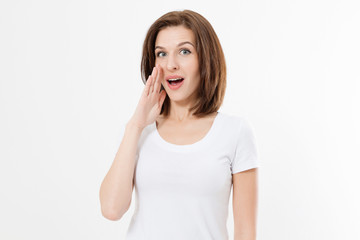 Fototapeta premium Caucasian young woman shouting hot news. gossip girl isolated on white background. Summer t shirt template blank. Copy space