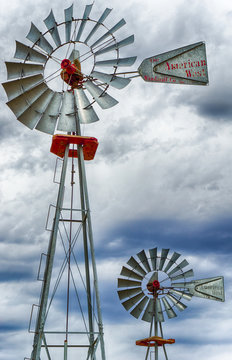 two wind wheels or wind pumps up close