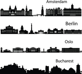 Cities silhouette vector format. Oslo, Berlin, Amsterdam, Bucharest. - obrazy, fototapety, plakaty