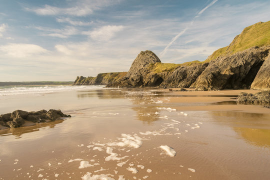 Pobbles Beach, Three Cliffs Bay. Penisola di Gower, Galles del sud.