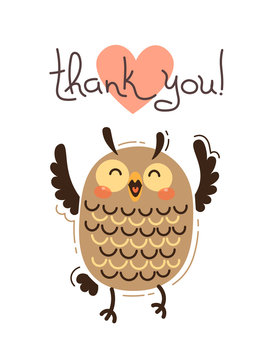 Funny owl says thank you. Vector illustration in cartoon style
