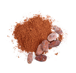 Cacao powder and cocoa beans isolated on white background