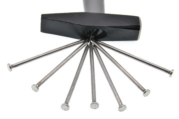  hammer and nails on white background