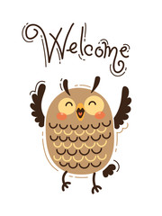 A happy owl greets Welcome. Vector illustration in cartoon style