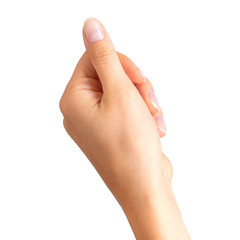 Woman hand holding something with two fingers