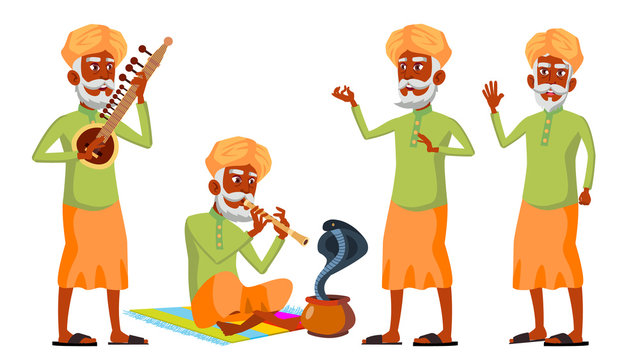 Indian Old Man Poses Set Vector. Hindu. Asian. Elderly People. Senior Person. Aged. Snake Cobra Dance. Advertisement, Greeting, Announcement Design. Isolated Cartoon Illustration