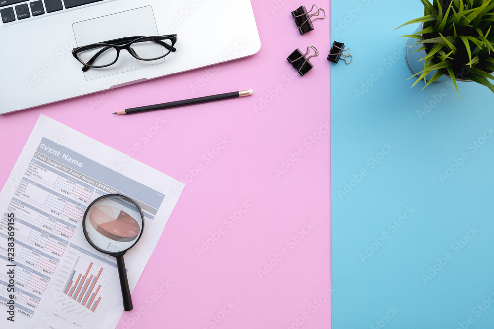 Poster flat lay of top view modern desk blue&pink pastel color tone work table with computer laptop and gra