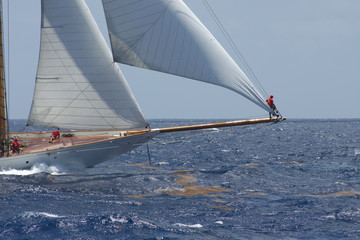 2890 Sailor standing on bowsprit during Antigua Classics regatta, April 19, 2015