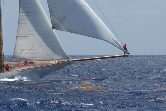 2890 Sailor standing on bowsprit during Antigua Classics regatta, April 19, 2015