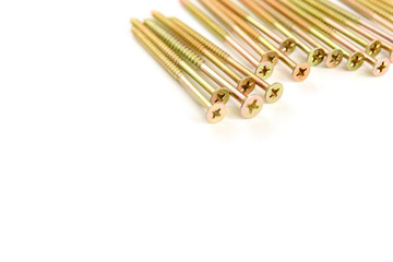 Gold screws isolated on white background.