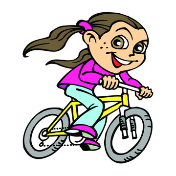 girl with long hair with ponytail rides a bike