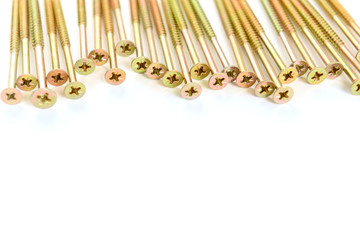 Gold screws isolated on white background.