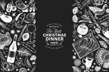 Happy Christmas Dinner design template. Vector hand drawn illustrations on chalk board. Greeting Christmas card in retro style. Frame with harvest, vegetables, pastry, bakery, meat