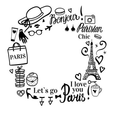 Paris Set shopping black sketch fashion illustration. Frame with space for text. Vector isolated on white background.