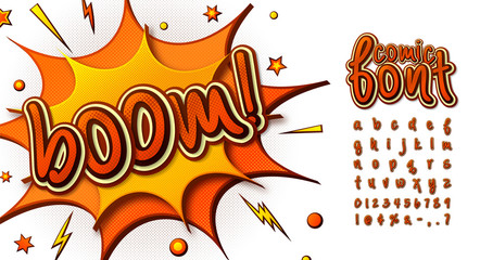Colorful comic font, kid's alphabet in style of comics, pop art. Multilayer funny yellow-orange letters on comic book page with speech bubbles for decoration of children's illustrations, posters