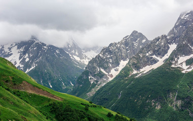 Fototapeta na wymiar Dombay, Karachay-Cherkess Republic, Dombay mountain in summer, beautiful mountain landscape