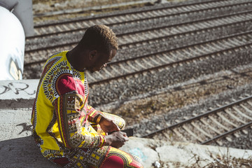 African businessman with smartphone and the clothes of typical