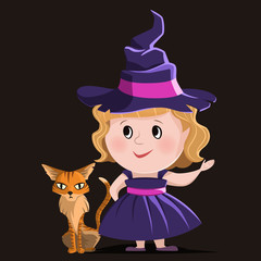 Little girl wearing witches costume with angry red cat. Halloween cartoon vector