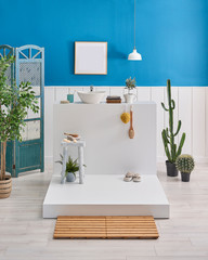 Decorative bath room, ceramic sink lamp, vase of cactus, brush and bath object detail.