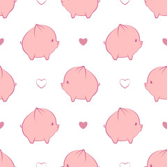 Cute piggy and hearts seamless pattern on white background