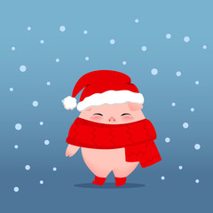 Cute pig in Santa's red hat and scarf. Christmas, New Year, winter vector illustration.