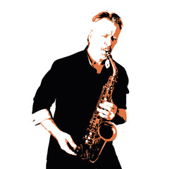 Naklejka premium mann und saxophon, saxophon spielen, musiker live