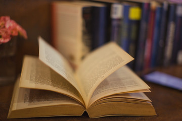 an open book with open pages and mobile phone and flower and books in background a relaxing scene in brown toning
