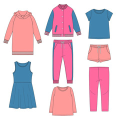 Set of girl's clothing. Spring collection. Vector illustration.