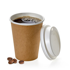 Coffee in blank craft or kraft take away cup with beans mockup or mock up template isolated on...