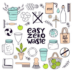 Zero waste concept set. Colorful line art collection of eco and waste elements. Vector illustration. Easy zero waste.