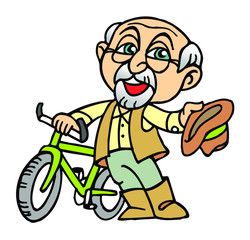 Grandpa with gray beard on a bike waving with a hat in his hand