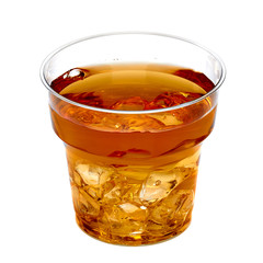 Iced tea in disposable plastic cup isolated on white background