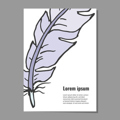 Card template with decorative violet feather for poster, flyer, banner invitations