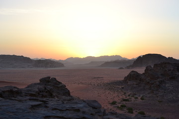 Sunset during Desert tour through sand dunes of Wadi Rum wilderness, Jordan, Middle East, hiking, climbing, driving