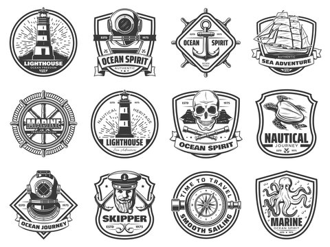 Sea anchor, sailing ship and helm. Nautical badges
