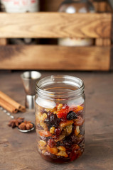 Mixed dry fruits soaked with spices in rum for traditional Christmas Cake