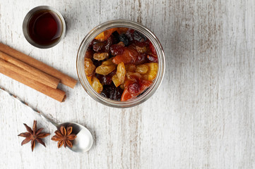 Mixed dry fruits soaked with spices in rum for traditional Christmas Cake