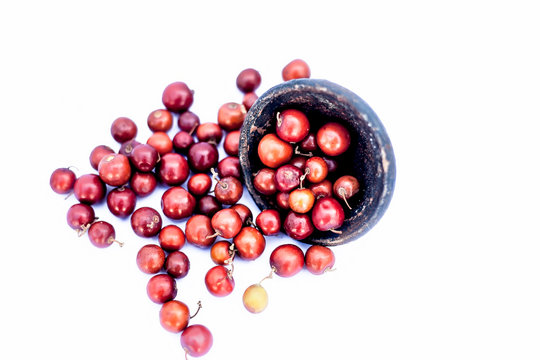 Close up of red colored popular Indian and Asian berries or bors or bers isolate d on white i.e.  Chaniya bor or chani bor or Indian jujubes in a clay bowl.