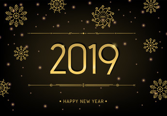 Happy New Year 2019 premium design with thin line snowflakes. Greeting card template 2019 with golden snow flake shapes. Vector black party illustration of date 2019 year. New Year greeting card. 