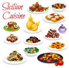 Sicilian veggies seafood dish, pastry dessert