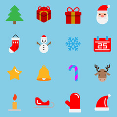 16 flat color icons set Christmas theme, vector design.