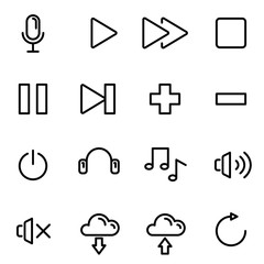 16 pixel perfect line icons set Audio music theme, vector design.