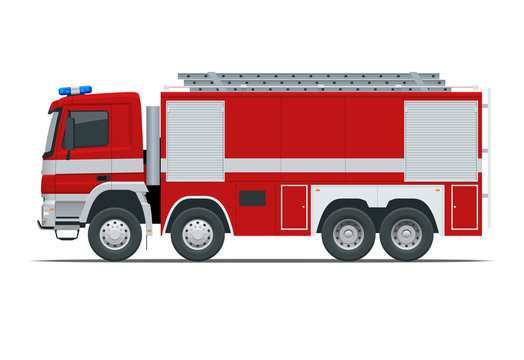 Red fire truck, vehicle of Emergency. Firefighters design element. Side view vector Illustration on a white background.