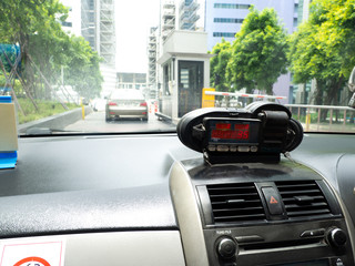 View from cab with meter display Time, Distance and Fare in dashboard interior